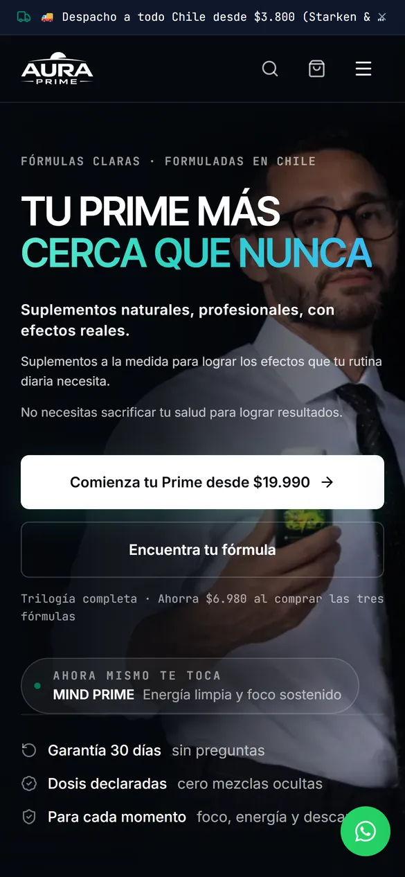 Vista móvil real de la tienda Aura Prime